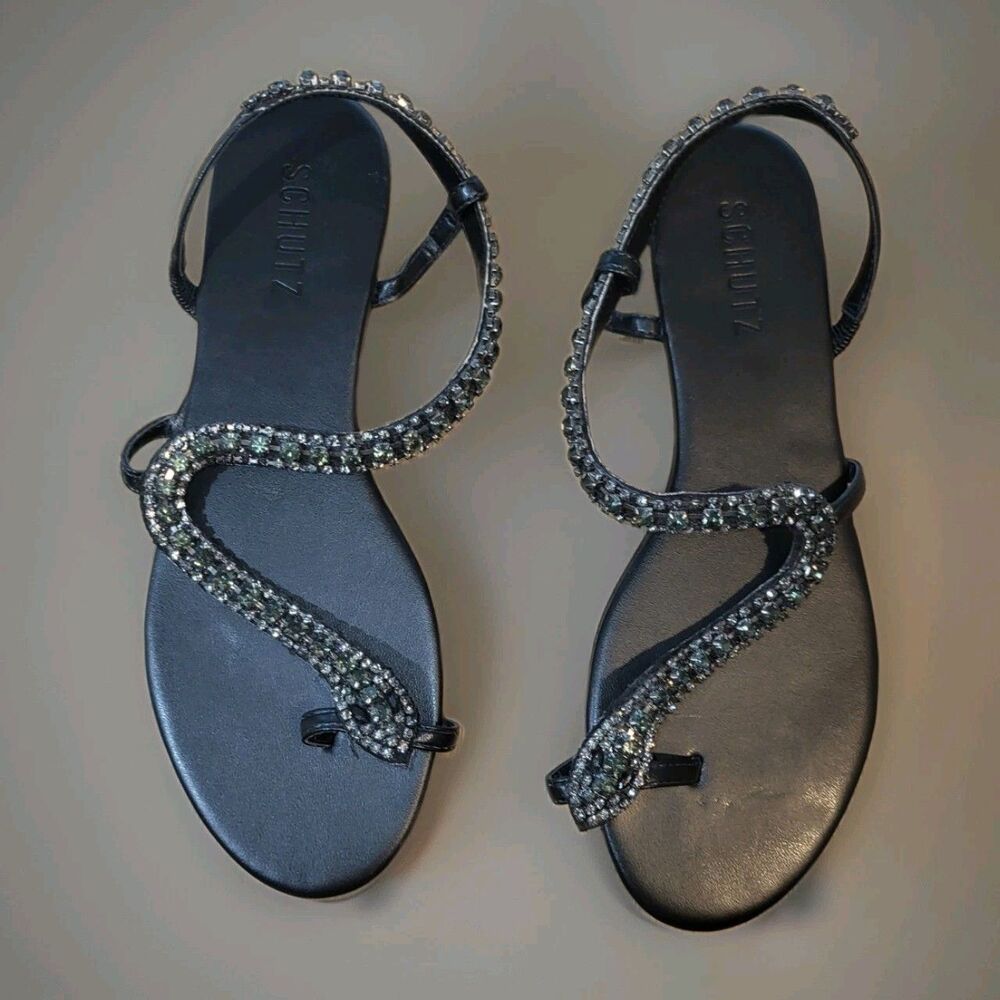 Schutz Court Flat Rhinestone Snake Sandals Black Leather Thong 8.5 M 37 New